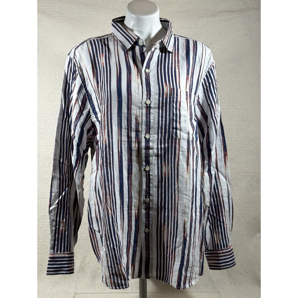 Tommy Bahama Mens XL Linen Shirt Blue Red Striped Coastal Resort Vacation